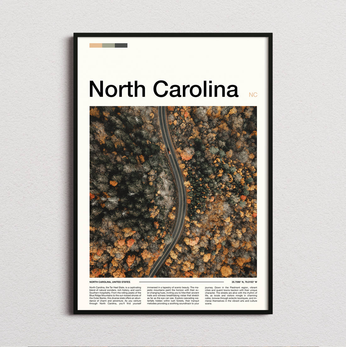 North Carolina Road Through Autumn Forest Travel Print framed and photographed straight on