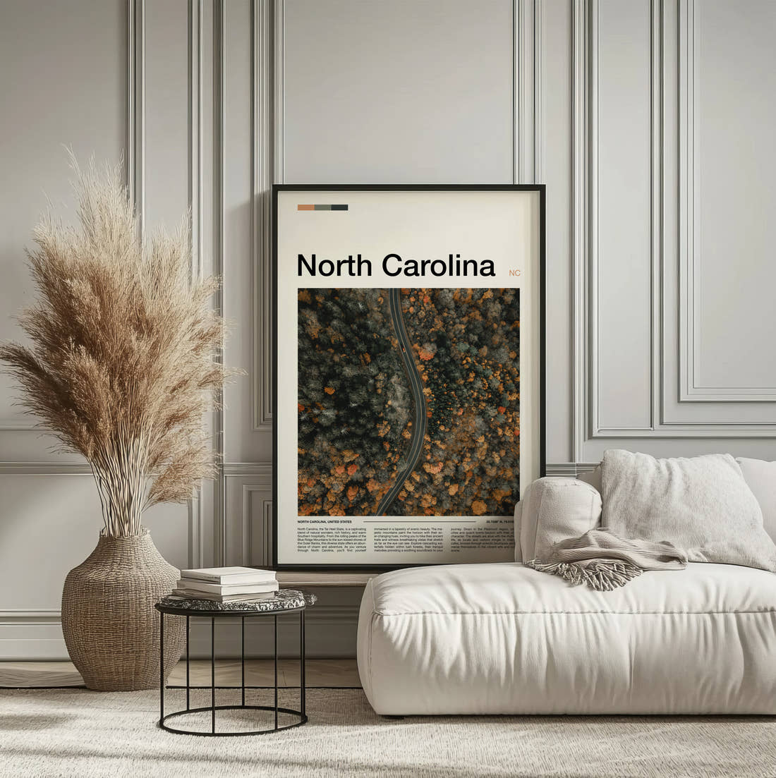 North Carolina Road Through Autumn Forest Travel Print framed on the wall of a calm, neutral bedroom