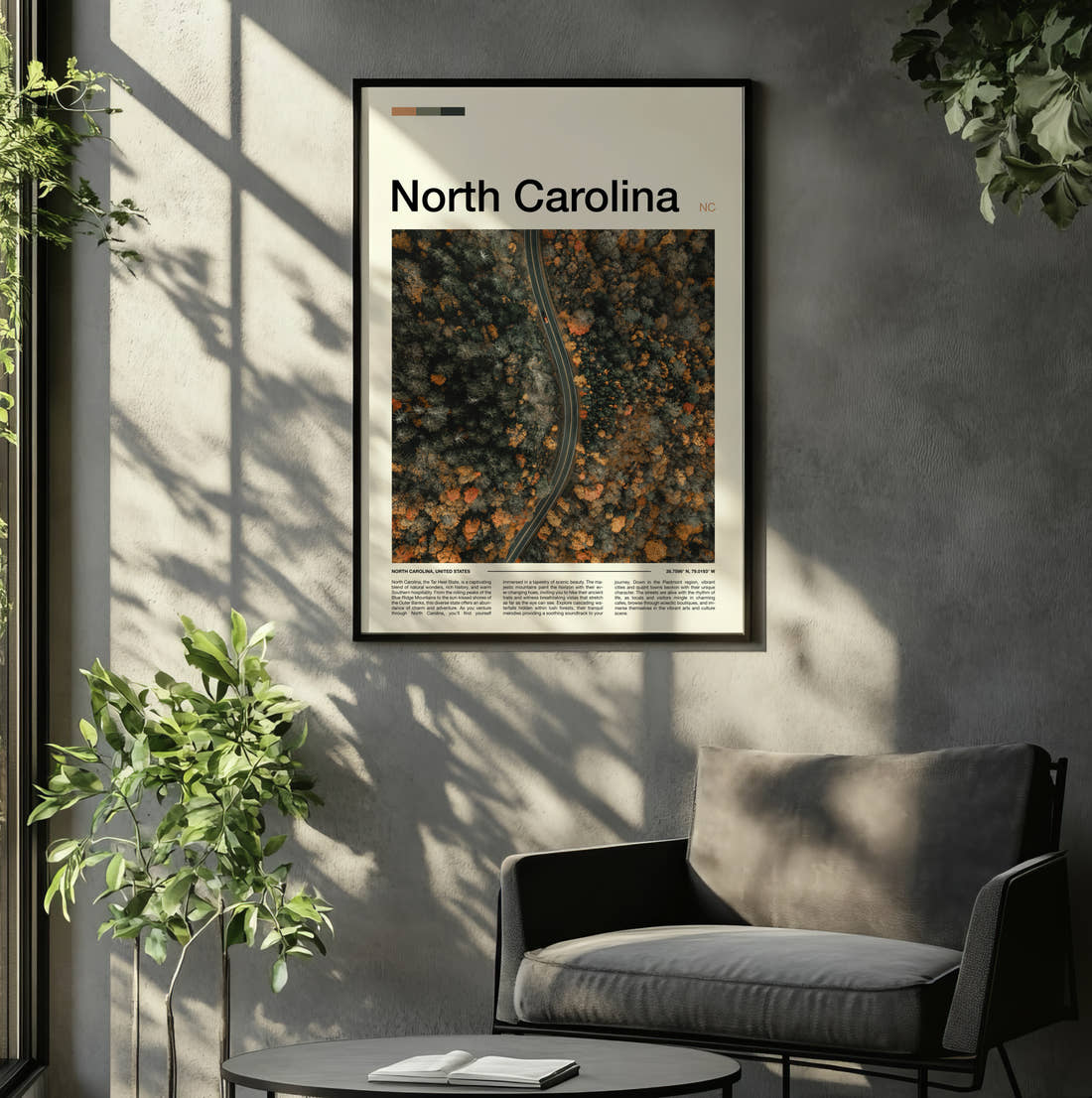 North Carolina Road Through Autumn Forest Travel Print framed on the wall of a relaxed living room