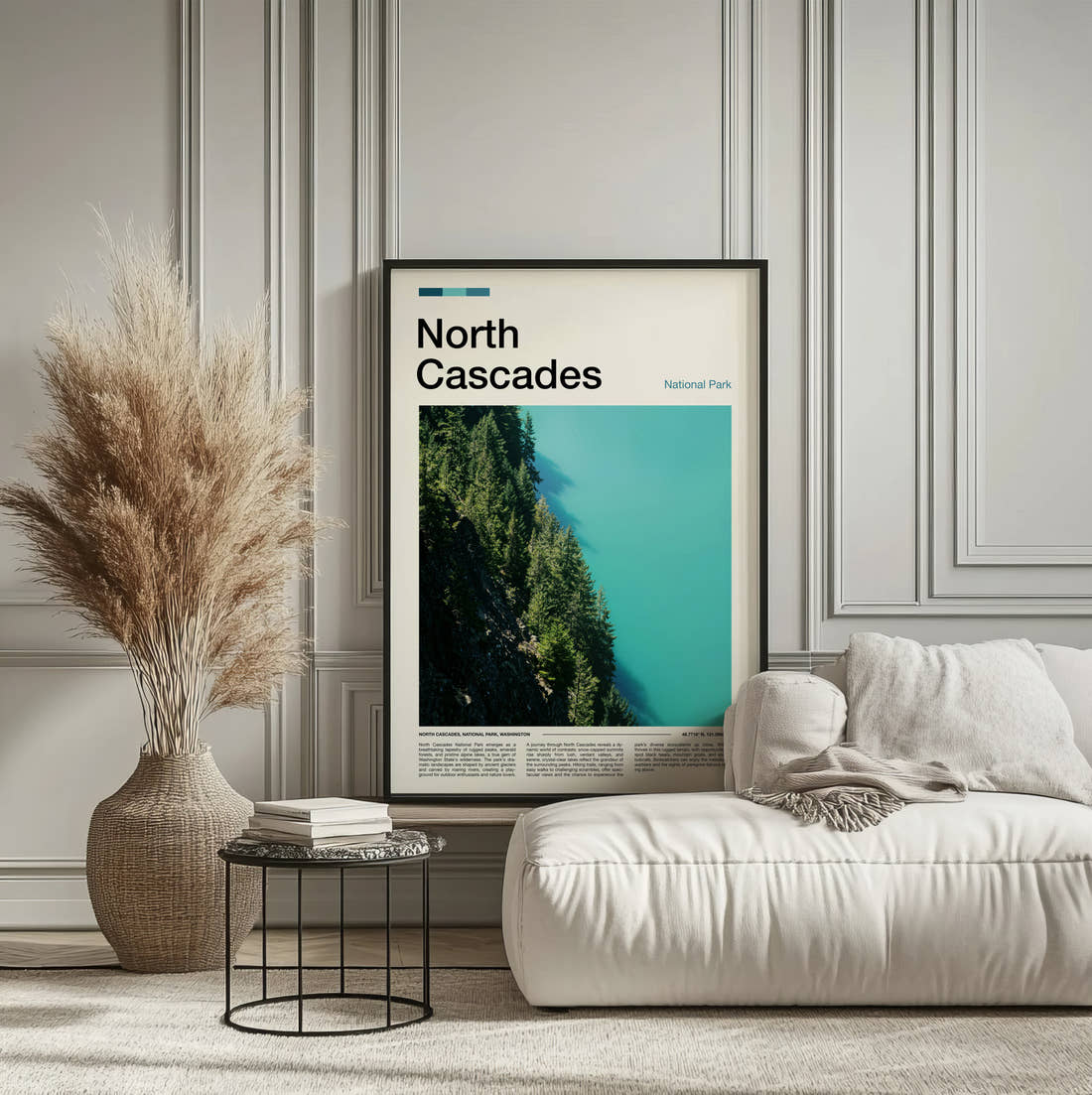 North Cascades Turquoise Lake And Forest Travel Print framed on the wall of a calm, neutral bedroom