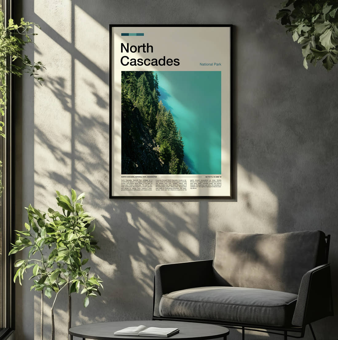 North Cascades Turquoise Lake And Forest Travel Print framed on the wall of a relaxed living room