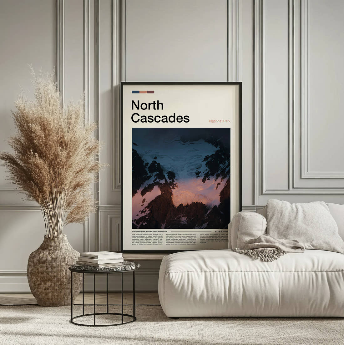 North Cascades Mount Shuksan Travel Print framed on the wall of a calm, neutral bedroom