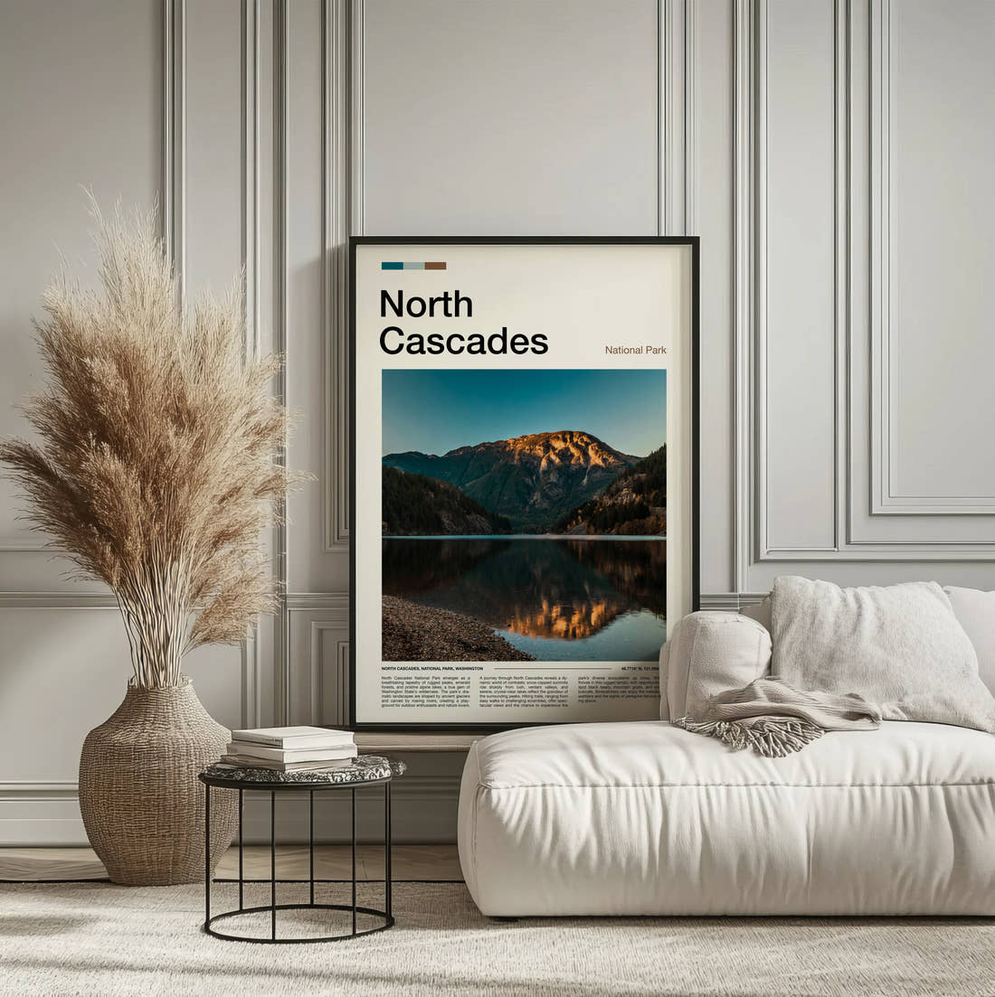North Cascades Mountain Reflected In Lake Travel Print framed on the wall of a calm, neutral bedroom