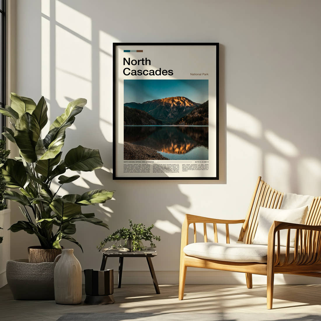 North Cascades Mountain Reflected In Lake Travel Print framed on a pale wall beside houseplants