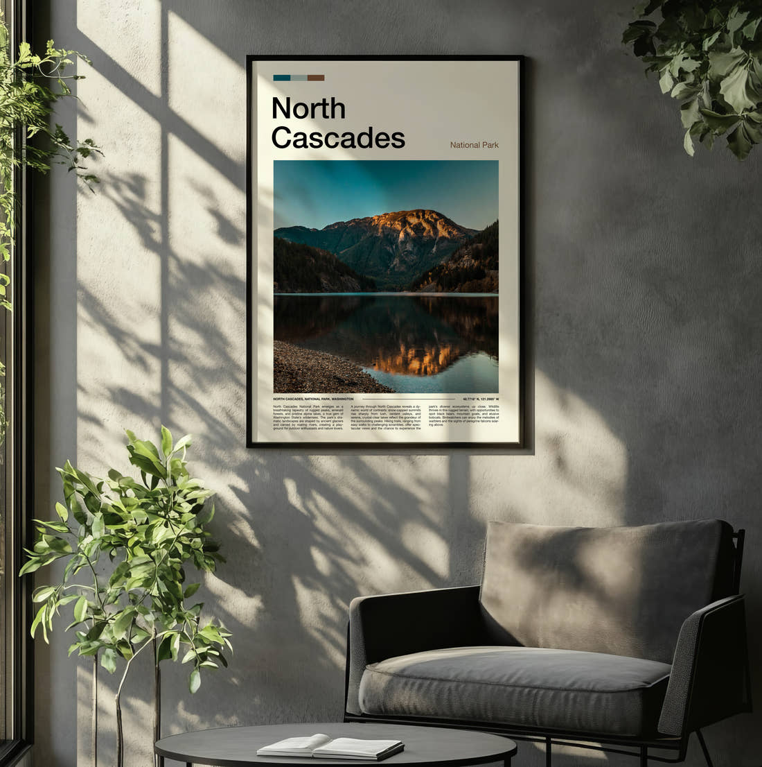 North Cascades Mountain Reflected In Lake Travel Print framed on the wall of a relaxed living room