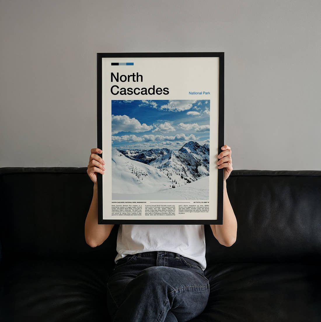 North Cascades Snowy Mountain Peaks Travel Print held up by hand to show the size of the print