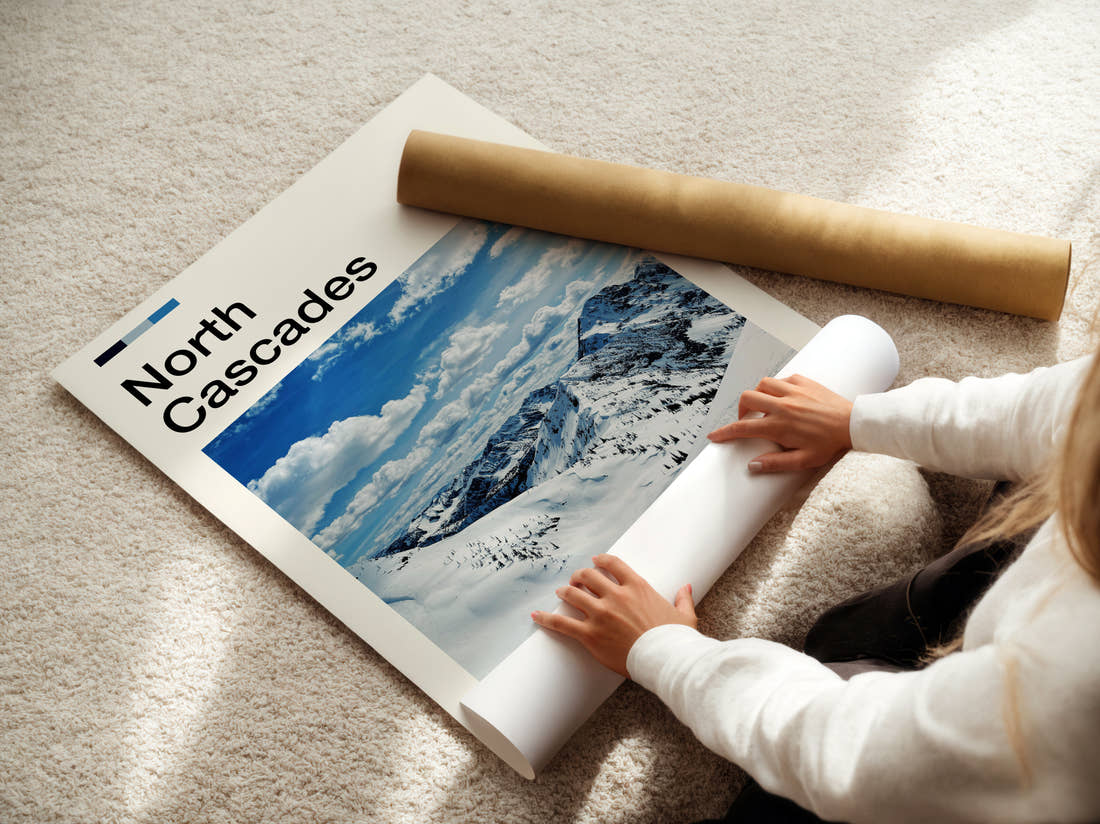 North Cascades Snowy Mountain Peaks Travel Print being unrolled from its postal tube