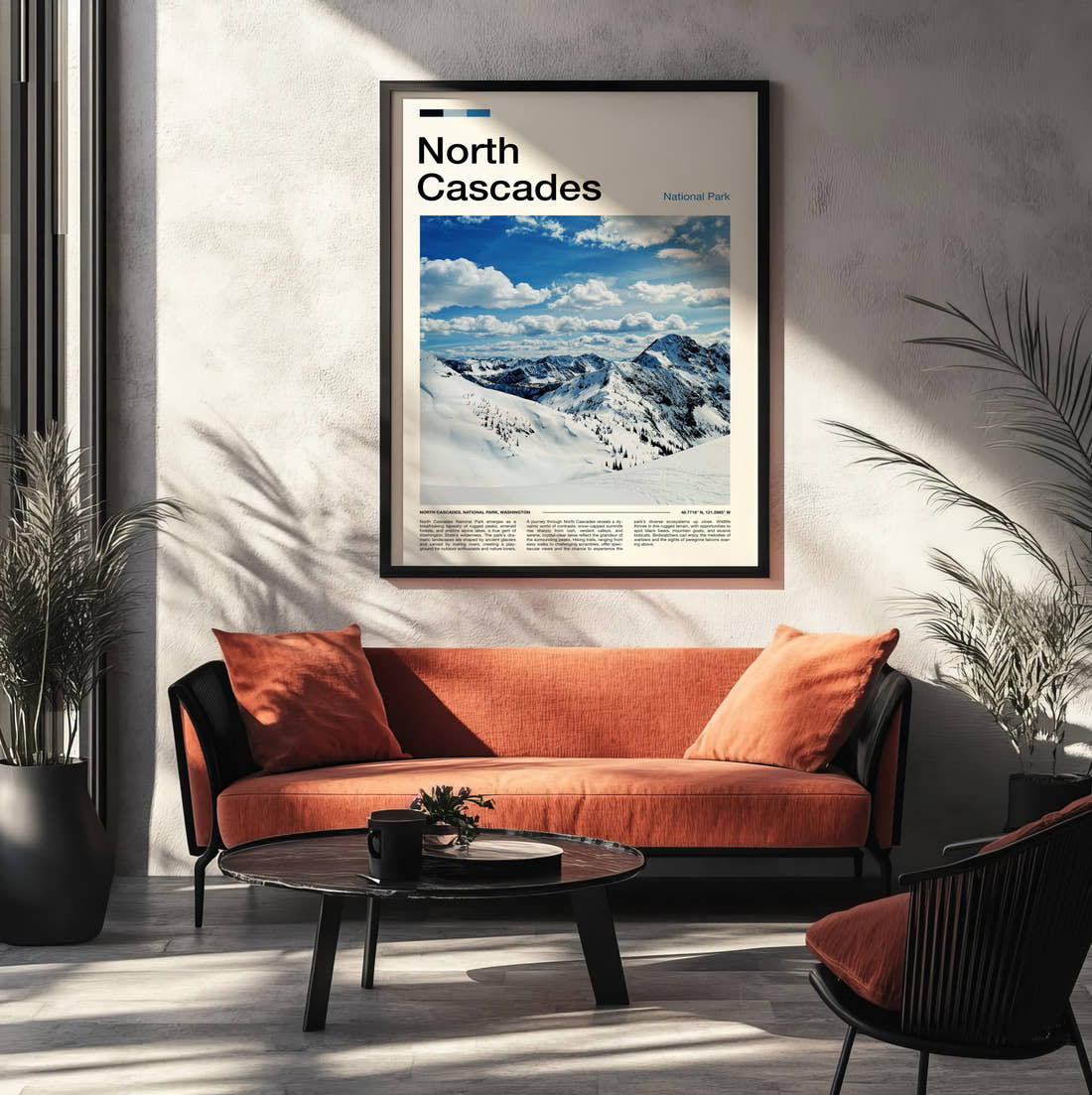North Cascades Snowy Mountain Peaks Travel Print framed on the wall of a modern living room