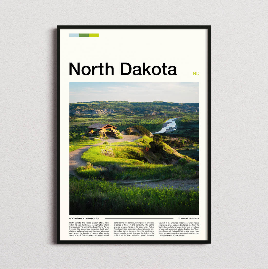 North Dakota Green Hills And River Travel Print framed and photographed straight on