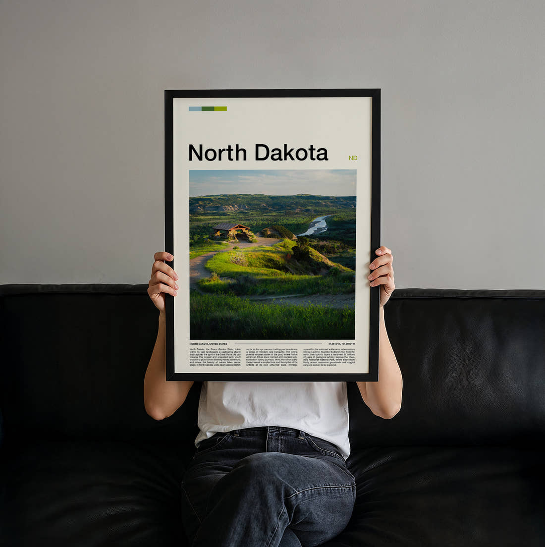 North Dakota Green Hills And River Travel Print held up by hand to show the size of the print
