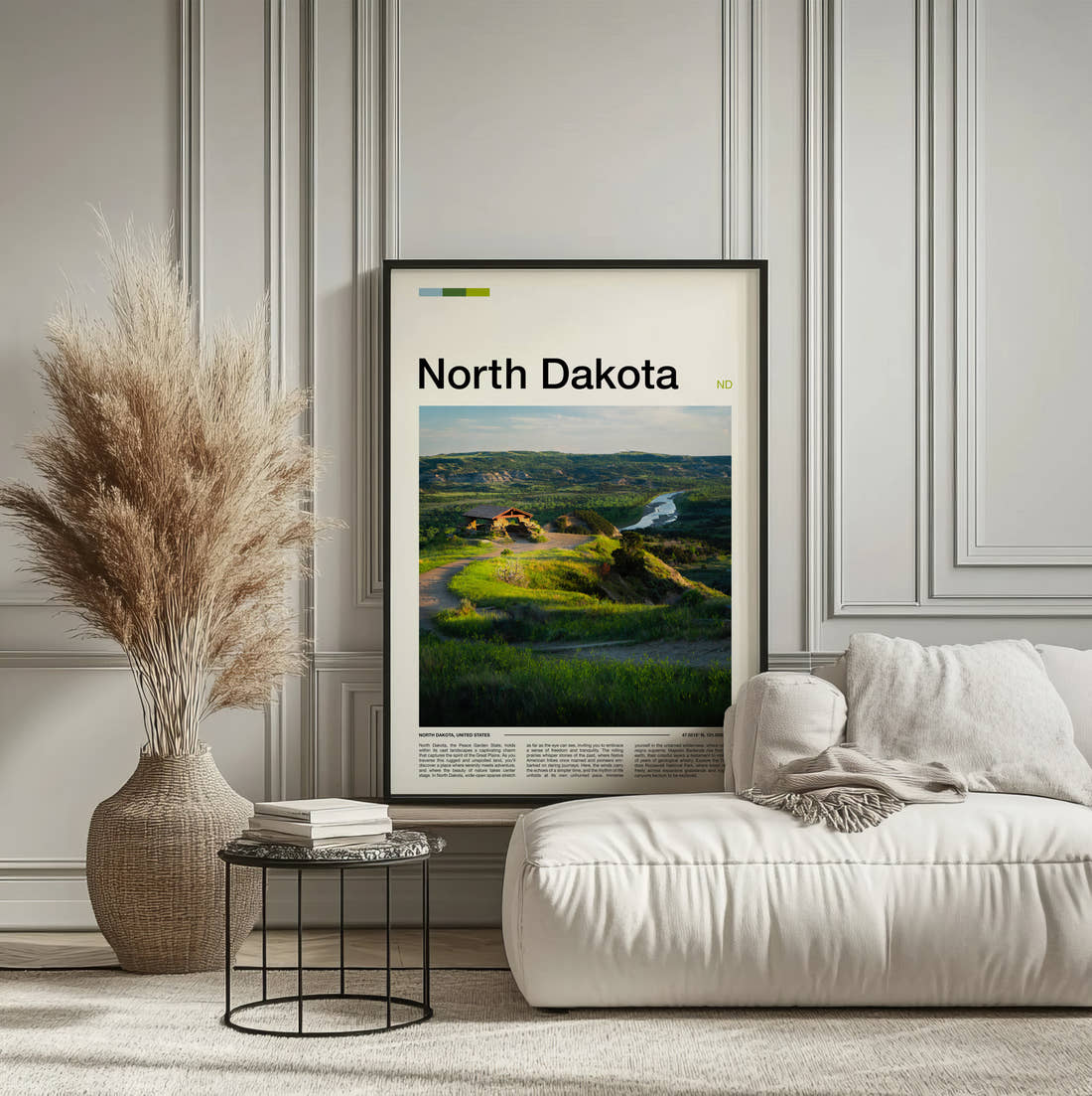 North Dakota Green Hills And River Travel Print framed on the wall of a calm, neutral bedroom