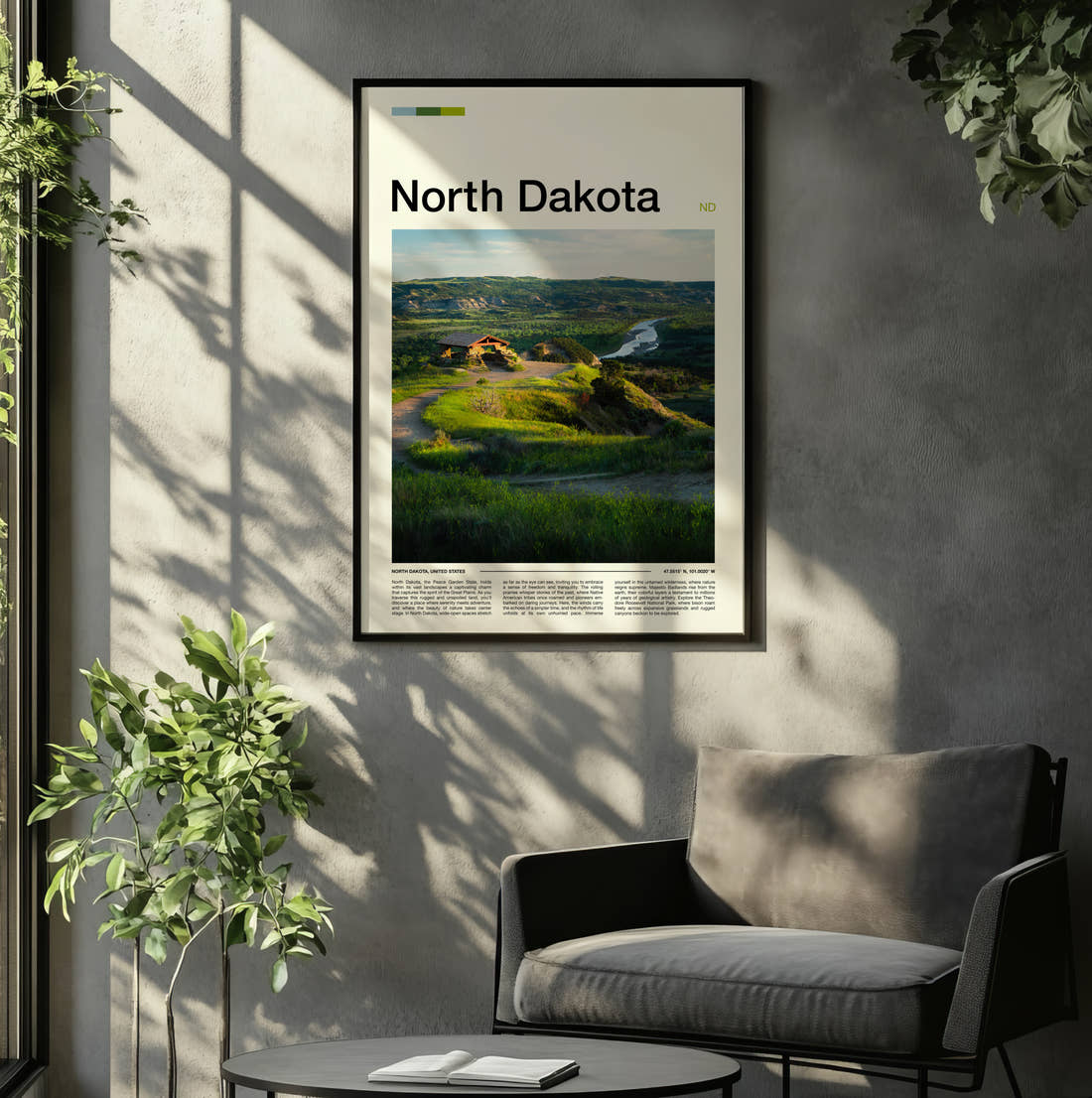 North Dakota Green Hills And River Travel Print framed on the wall of a relaxed living room