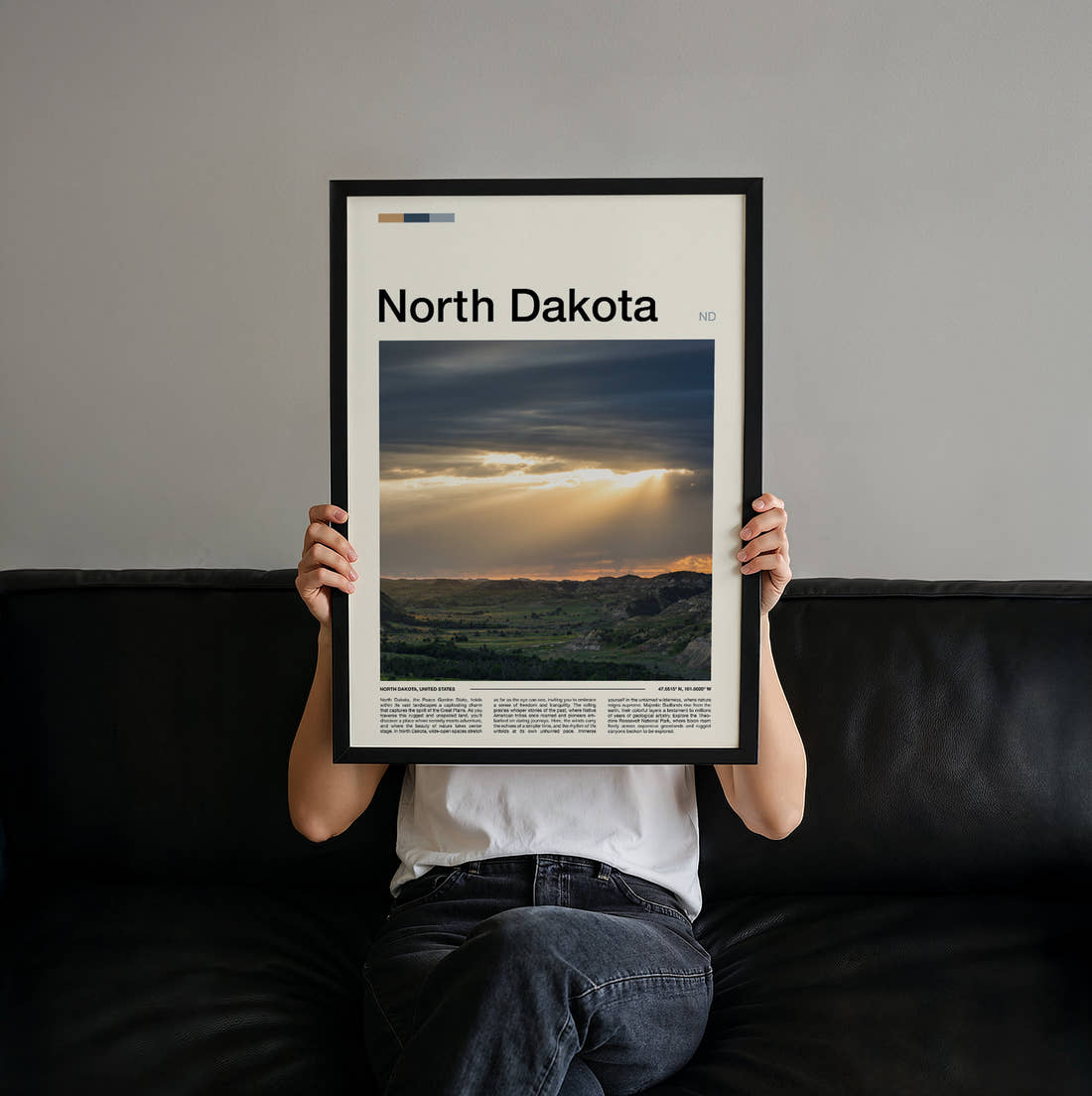North Dakota Sunbeams Over The Plains Travel Print held up by hand to show the size of the print