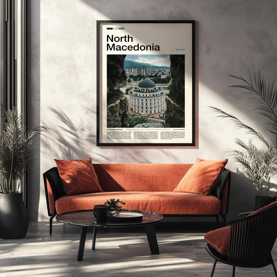 North Macedonia Domed Building View Travel Print framed on the wall of a modern living room