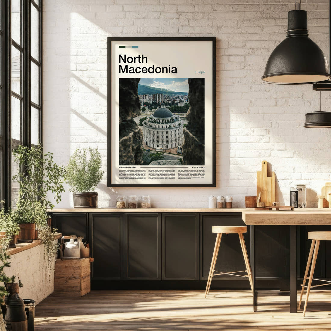 North Macedonia Domed Building View Travel Print framed on the wall of a bright kitchen and dining space