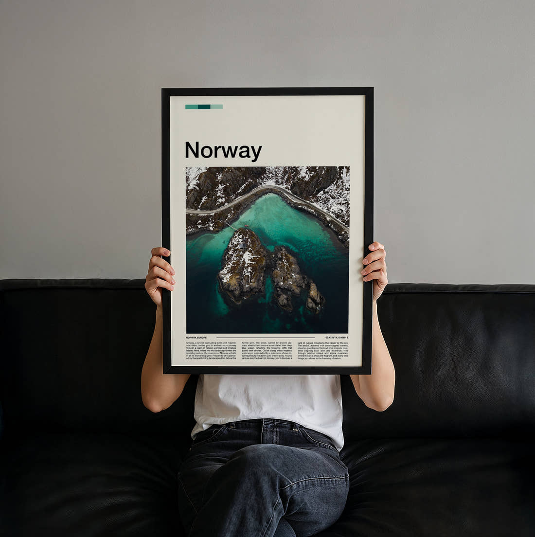 Norway Turquoise Water And Islets Travel Print held up by hand to show the size of the print
