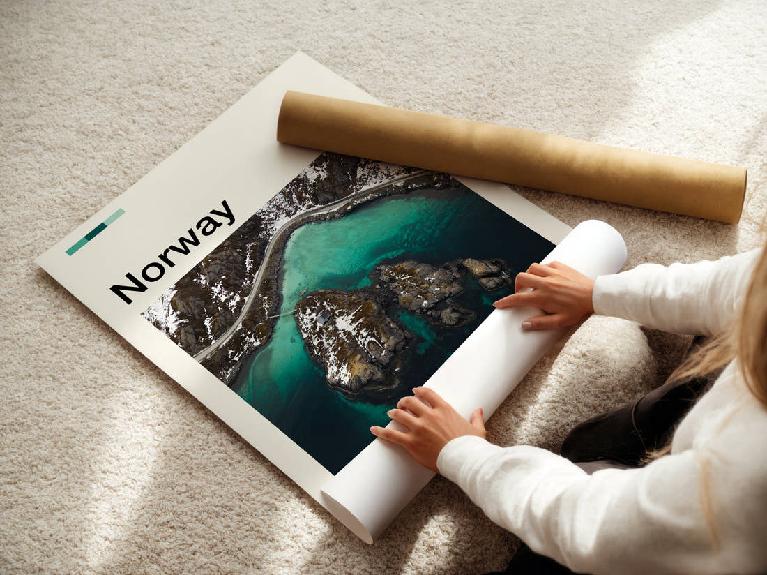 Norway Turquoise Water And Islets Travel Print being unrolled from its postal tube