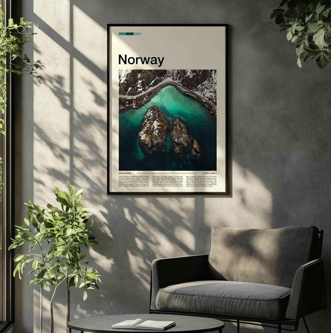Norway Turquoise Water And Islets Travel Print framed on the wall of a relaxed living room