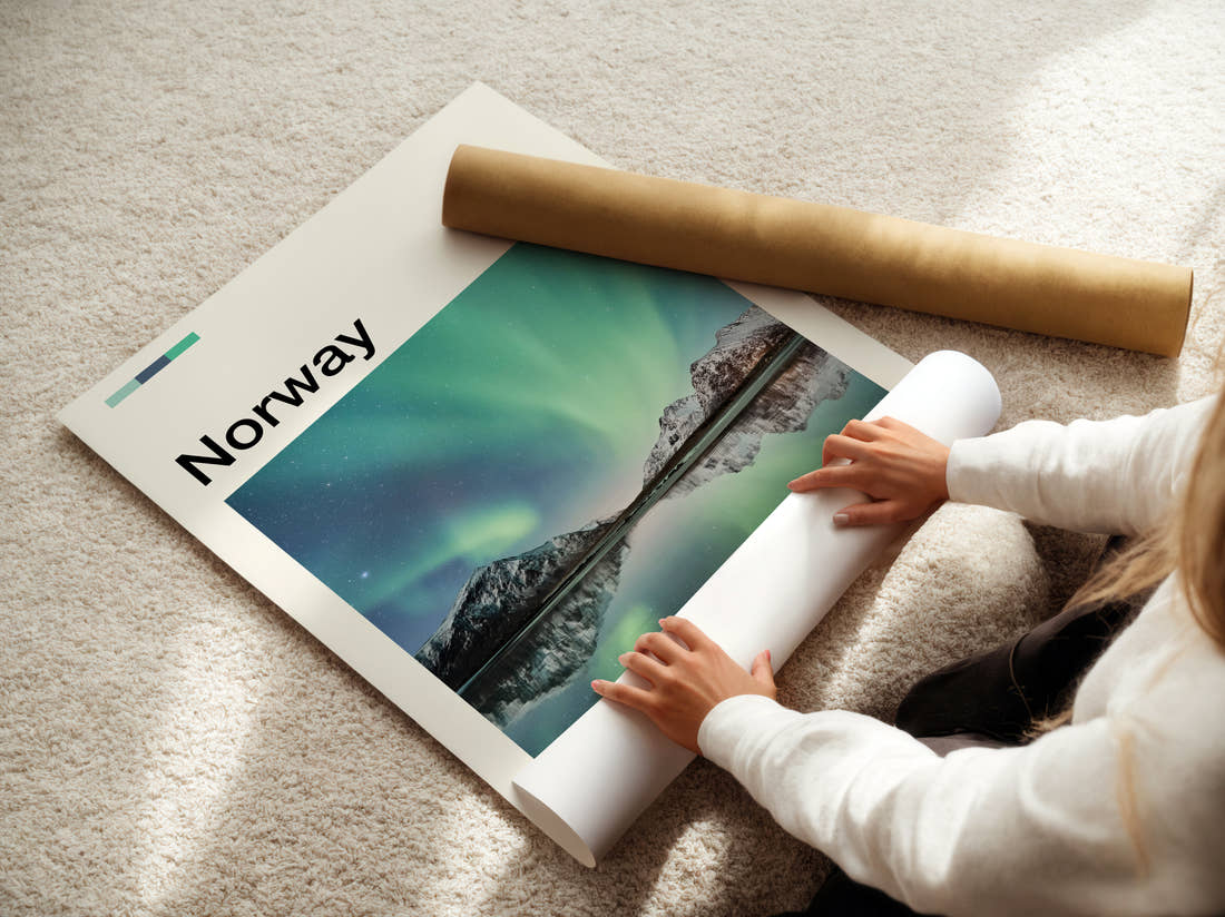 Norway Northern Lights Reflected Travel Print being unrolled from its postal tube