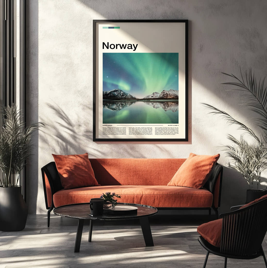 Norway Northern Lights Reflected Travel Print framed on the wall of a modern living room