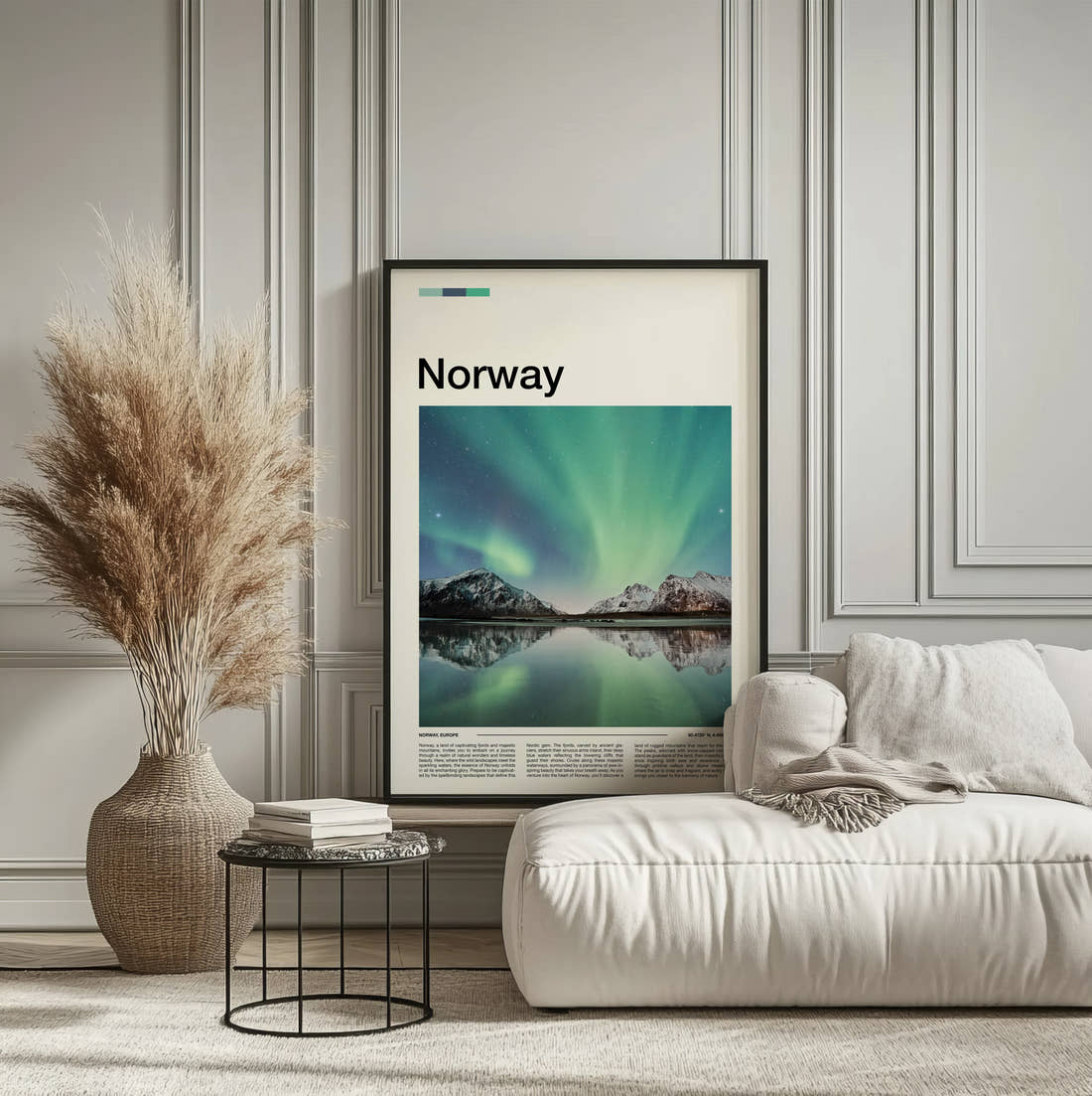 Norway Northern Lights Reflected Travel Print framed on the wall of a calm, neutral bedroom