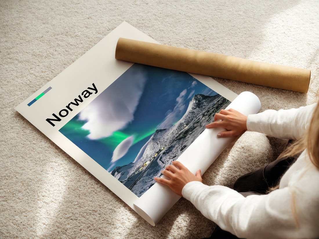 Norway Northern Lights Over Snowy Peaks Travel Print being unrolled from its postal tube
