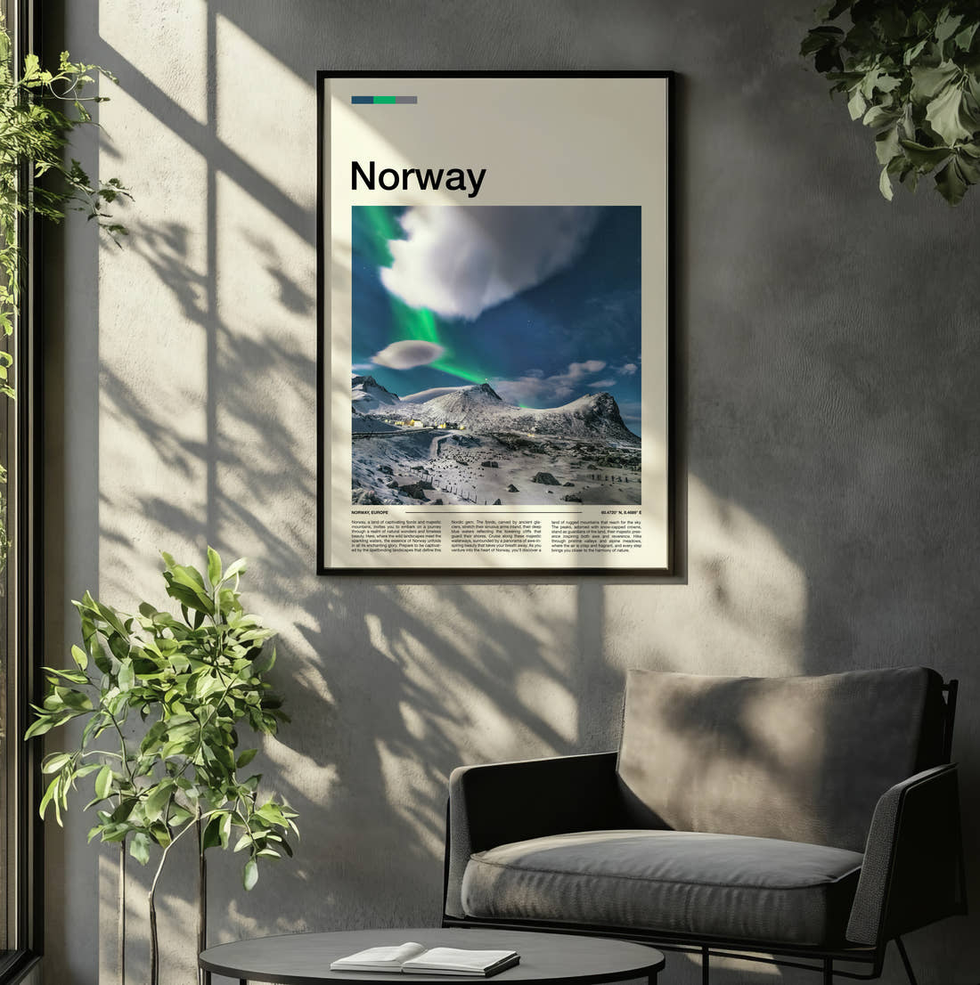 Norway Northern Lights Over Snowy Peaks Travel Print framed on the wall of a relaxed living room