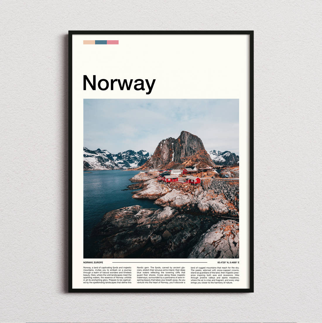 Norway Red Fishing Cabins Travel Print framed and photographed straight on