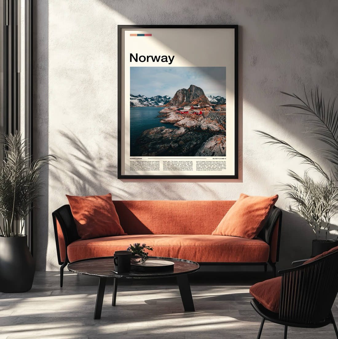 Norway Red Fishing Cabins Travel Print framed on the wall of a modern living room