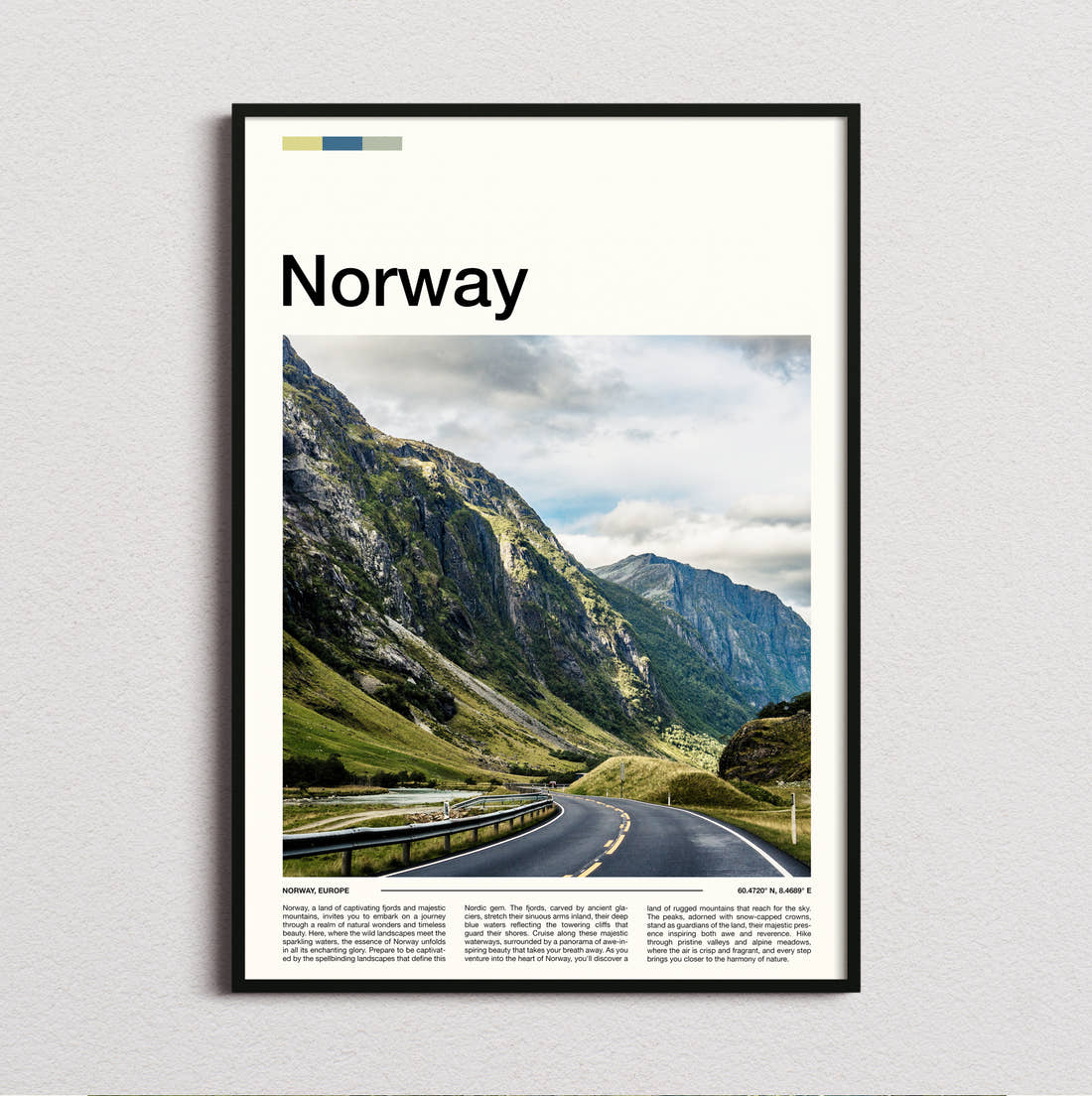 Norway Road Through Green Mountains Travel Print framed and photographed straight on