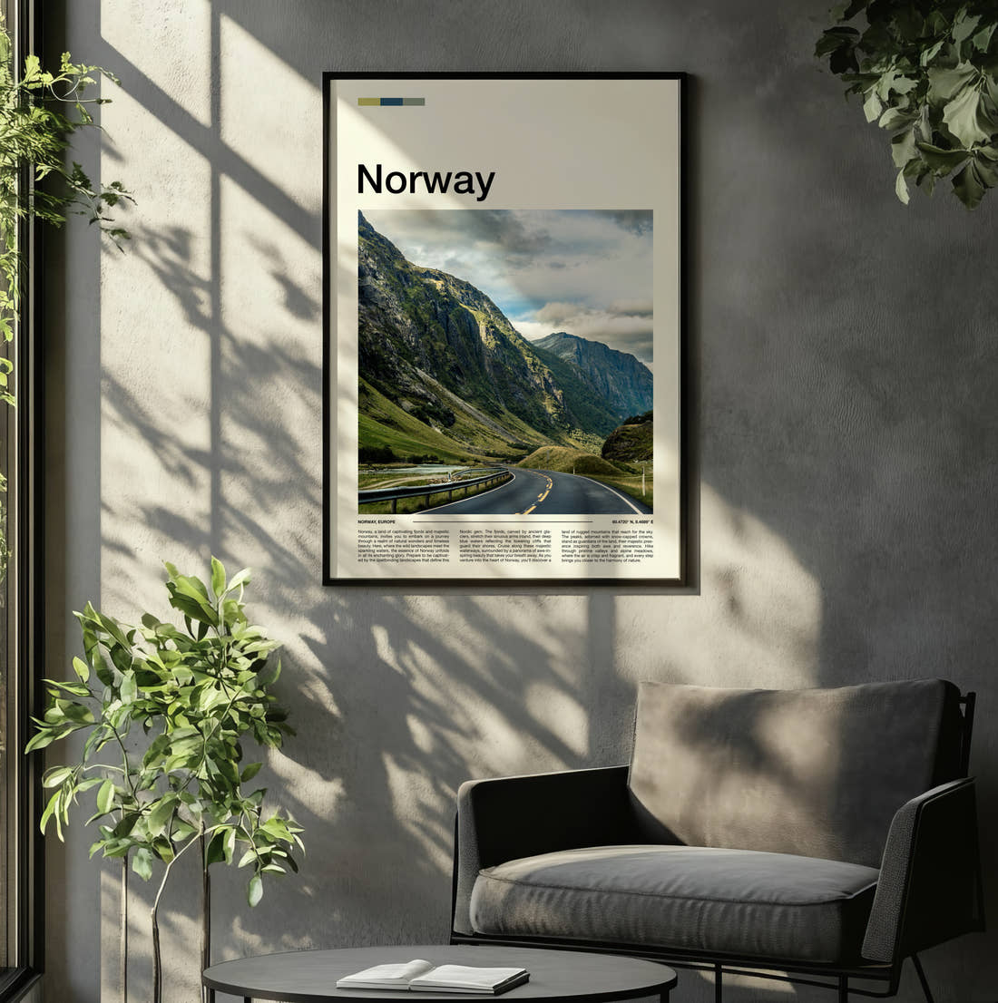 Norway Road Through Green Mountains Travel Print framed on the wall of a relaxed living room