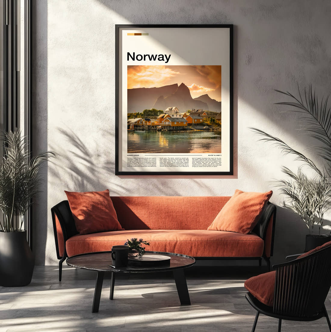 Norway Waterfront Cabins At Sunset Travel Print framed on the wall of a modern living room