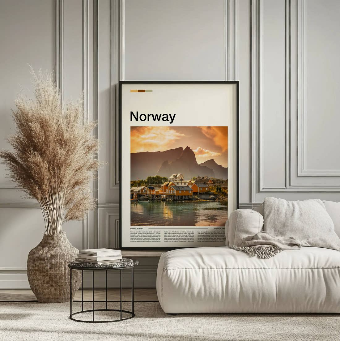 Norway Waterfront Cabins At Sunset Travel Print framed on the wall of a calm, neutral bedroom