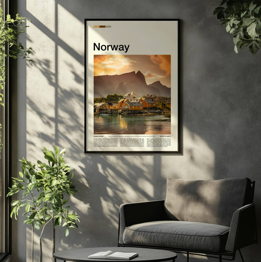 Norway Waterfront Cabins At Sunset Travel Print framed on the wall of a relaxed living room