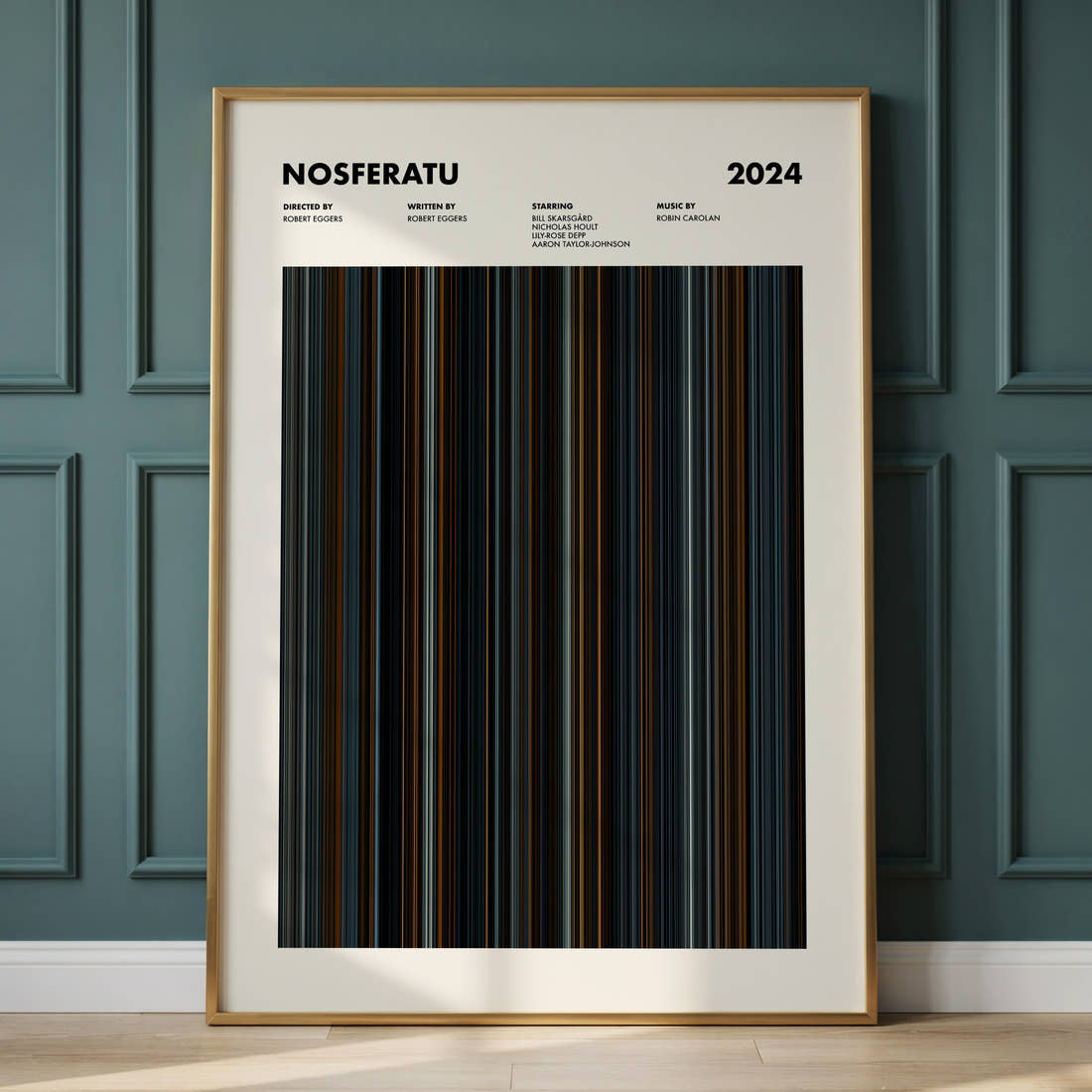 Nosferatu Movie Barcode Poster framed and leaning against a panelled wall
