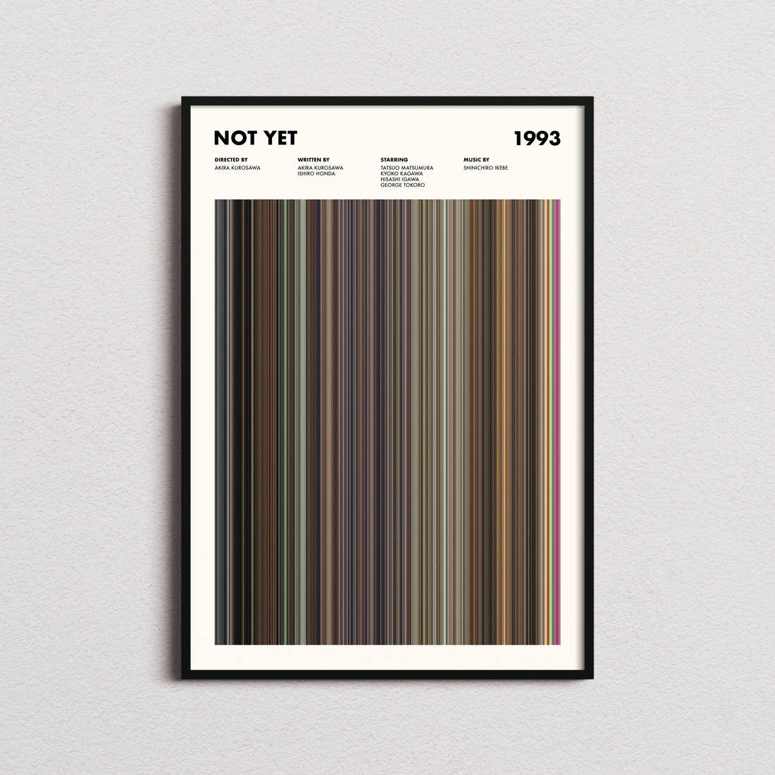 Not Yet Movie Barcode Poster framed on a plain studio wall