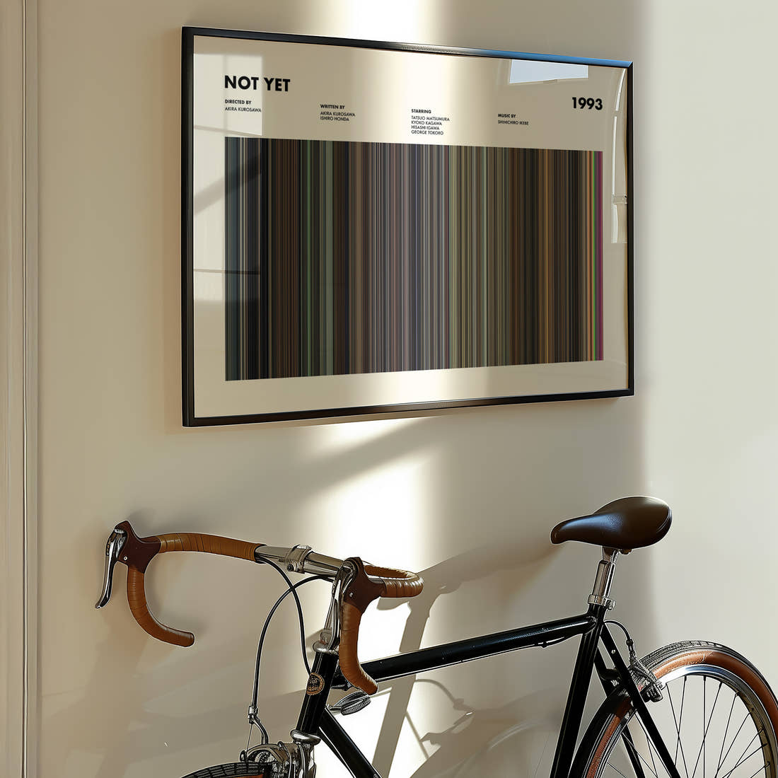 Not Yet Movie Barcode Poster framed on the wall of a styled room setting