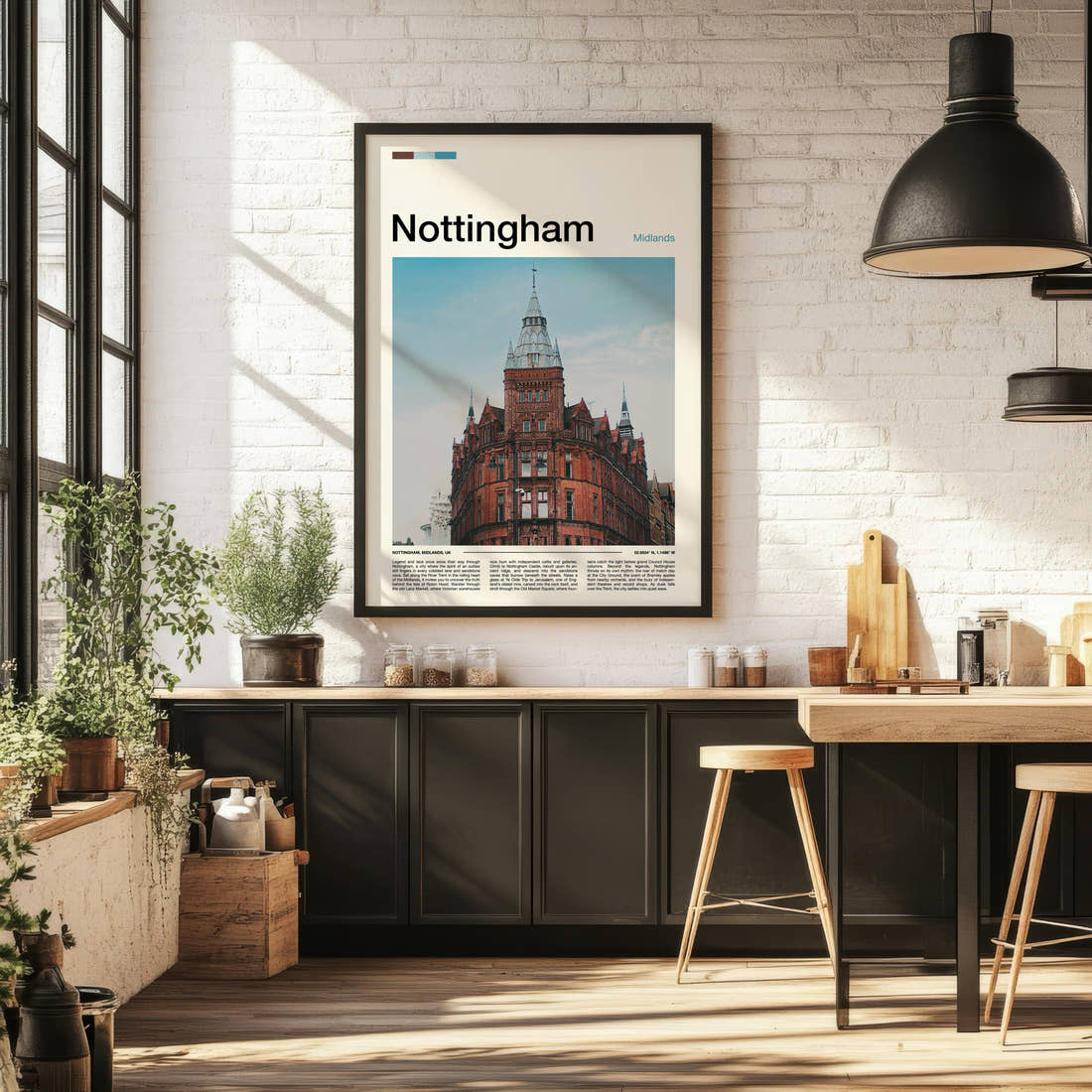Nottingham Victorian Corner Tower Travel Print framed on the wall of a bright kitchen and dining space