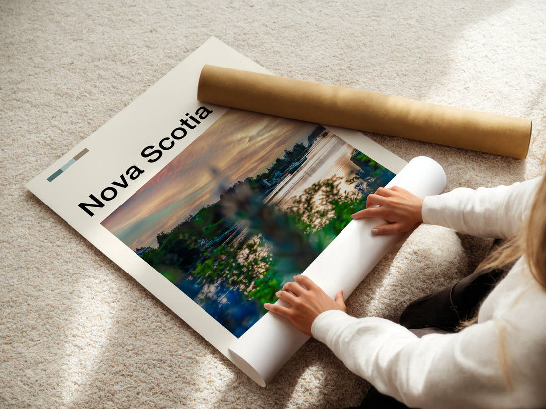 Nova Scotia Grasses By The Shore Travel Print being unrolled from its postal tube