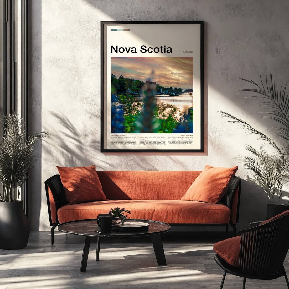 Nova Scotia Grasses By The Shore Travel Print framed on the wall of a modern living room