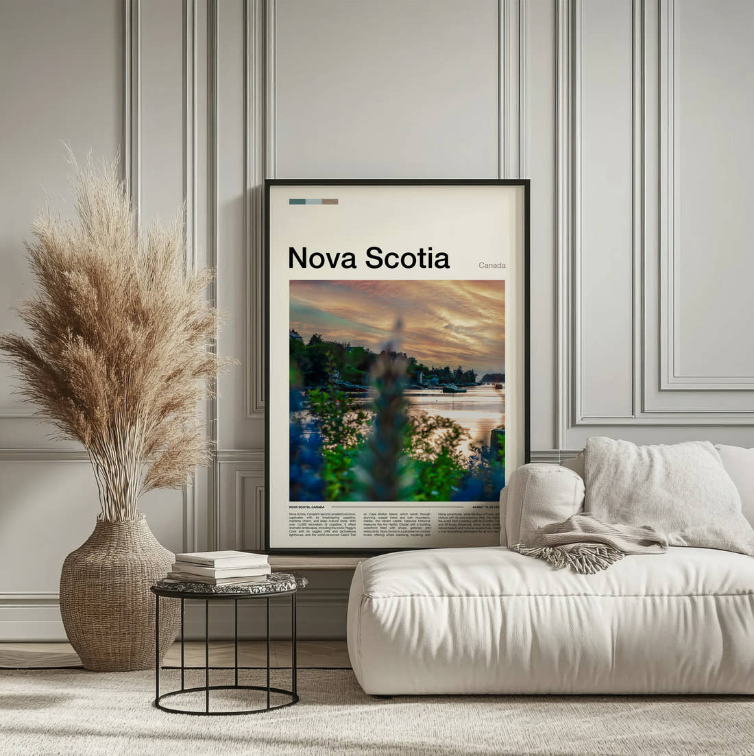 Nova Scotia Grasses By The Shore Travel Print framed on the wall of a calm, neutral bedroom