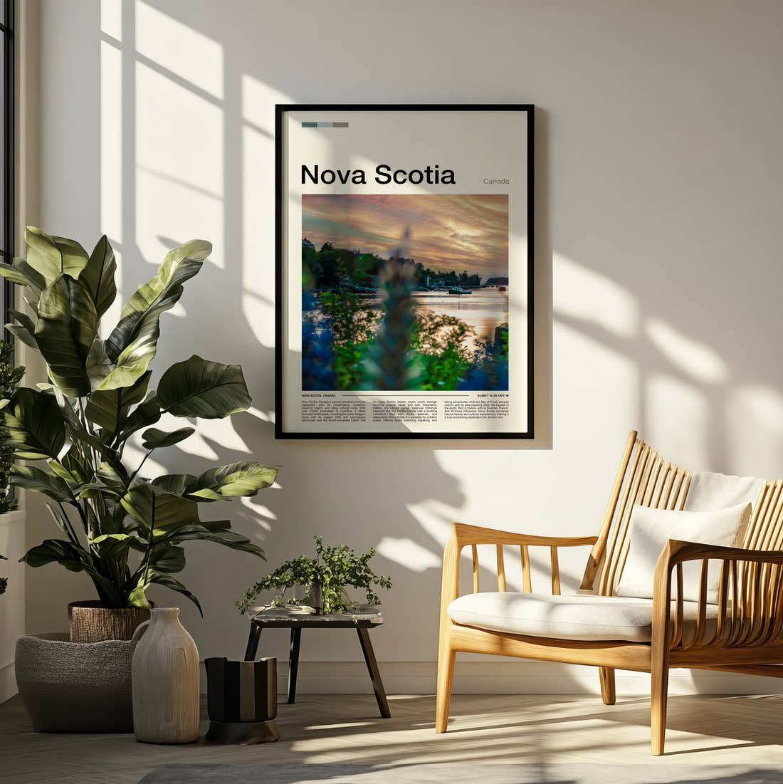 Nova Scotia Grasses By The Shore Travel Print framed on a pale wall beside houseplants