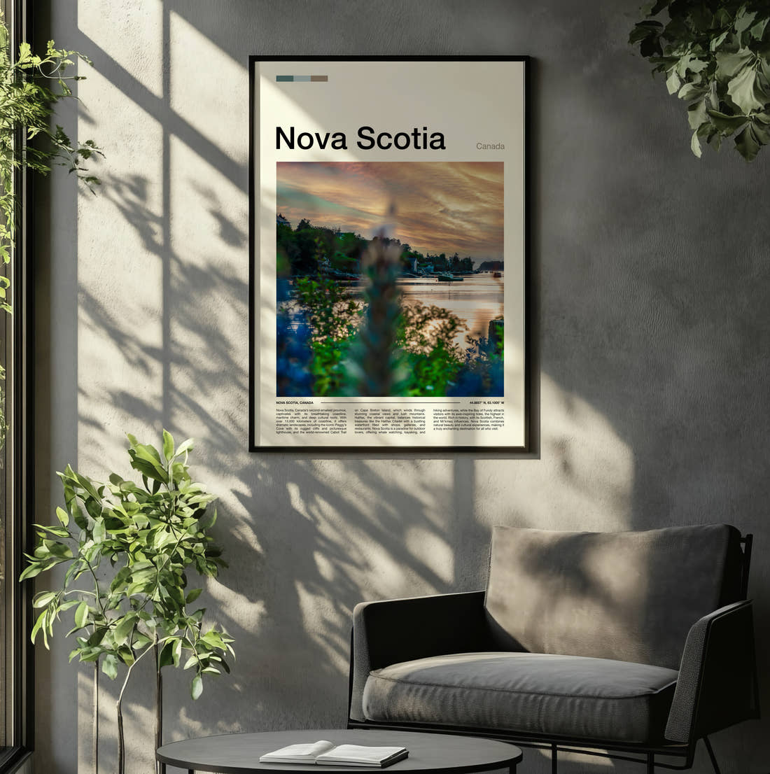 Nova Scotia Grasses By The Shore Travel Print framed on the wall of a relaxed living room