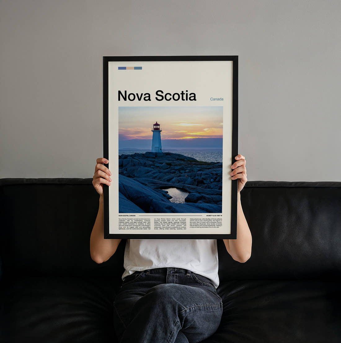 Nova Scotia Lighthouse On The Rocks Travel Print held up by hand to show the size of the print