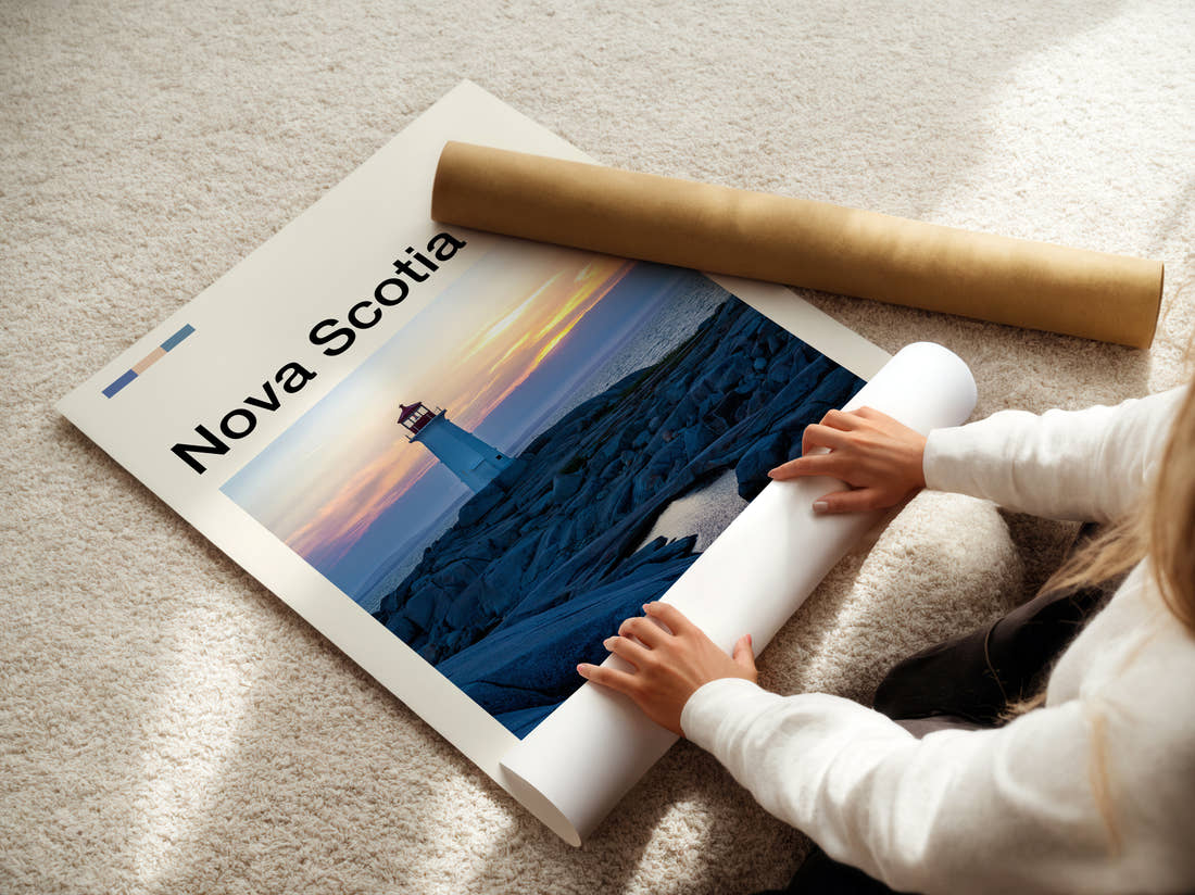 Nova Scotia Lighthouse On The Rocks Travel Print being unrolled from its postal tube