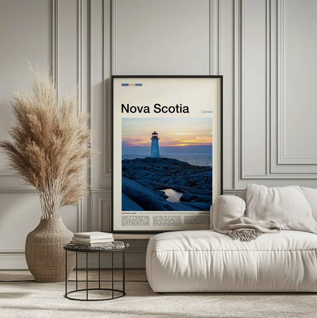 Nova Scotia Lighthouse On The Rocks Travel Print framed on the wall of a calm, neutral bedroom