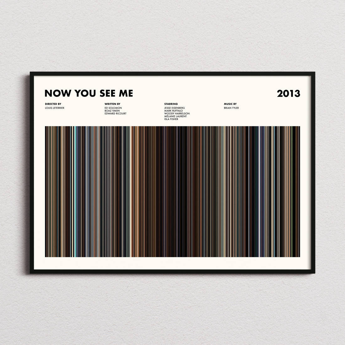 Now You See Me Movie Barcode Poster framed and photographed straight on