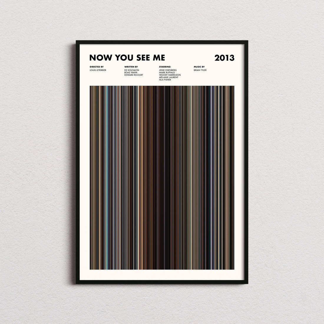 Now You See Me Movie Barcode Poster framed on a plain studio wall