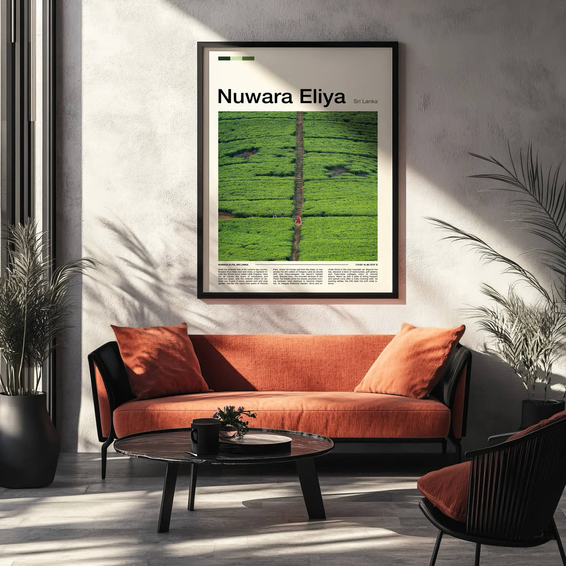 Nuwara Eliya Aerial Tea Plantation Travel Print framed on the wall of a modern living room