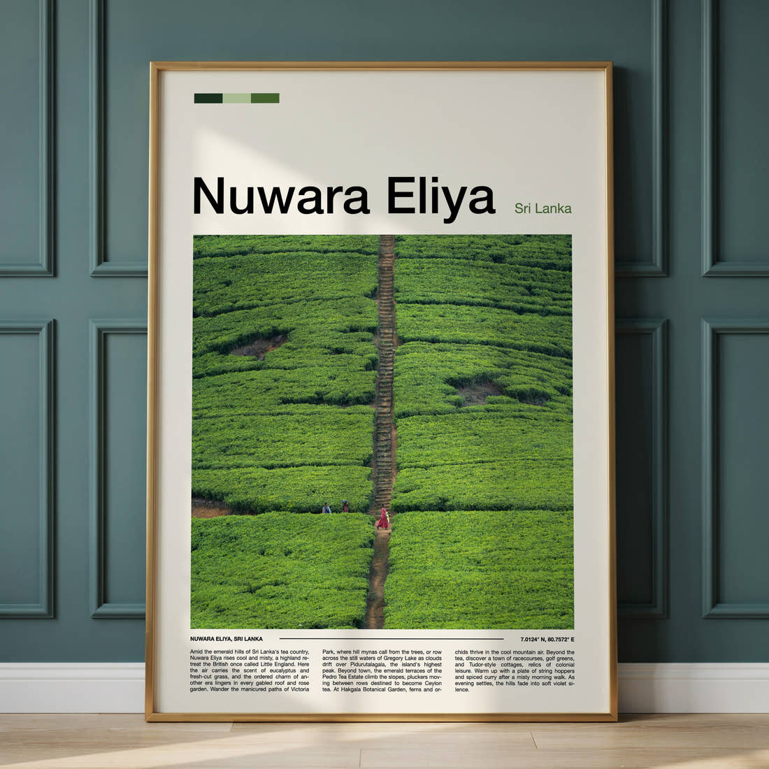 Nuwara Eliya Aerial Tea Plantation Travel Print framed on the wall of a calm, neutral bedroom
